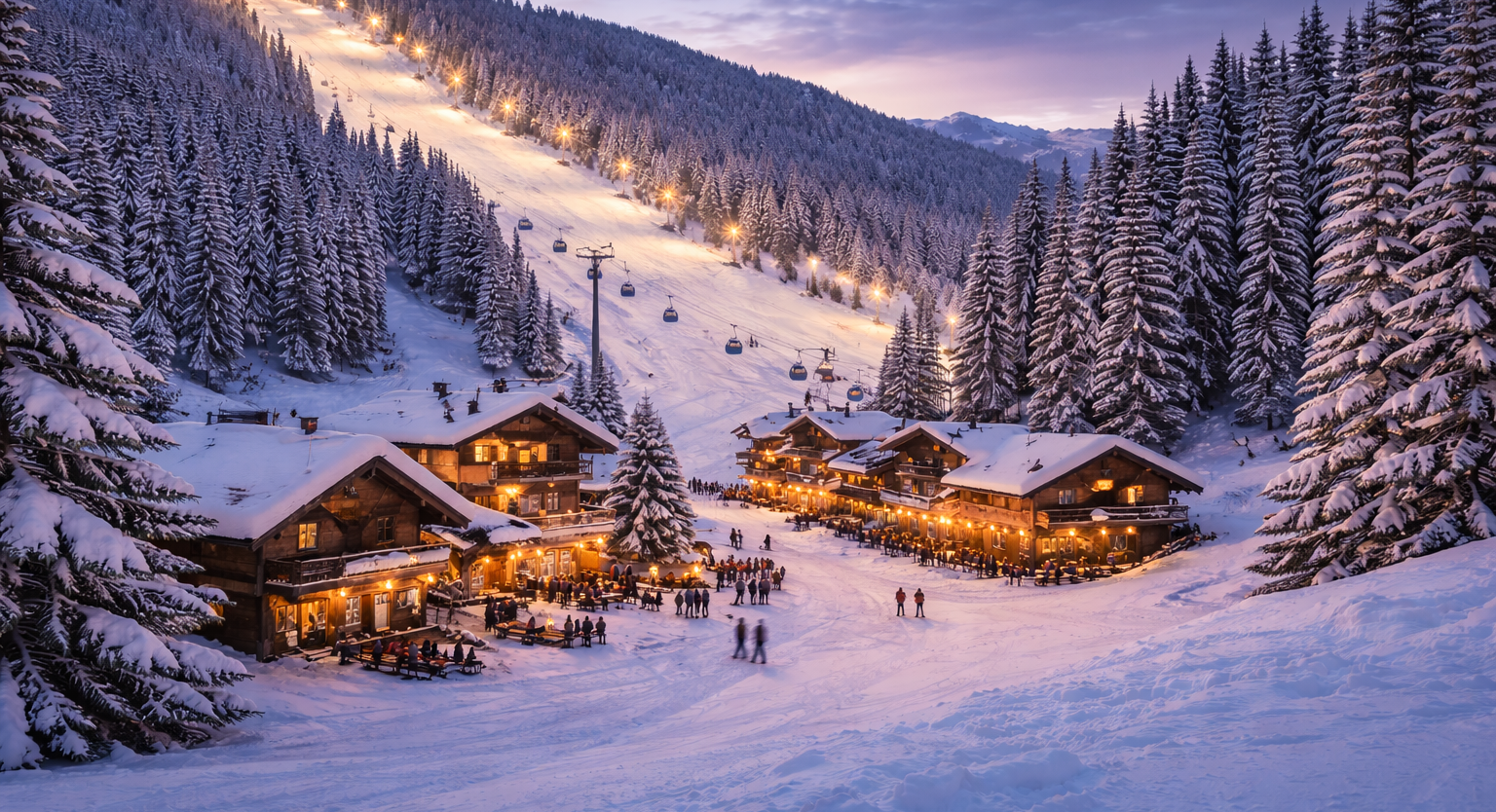 Snow-covered mountain village with wooden chalets and ski lifts at dusk.